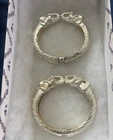 2 VTG  DOUBLE ELEPHANT HEAD GOLD TONE CRYSTAL HINGED CUFF BRACELET SILVER TONE
