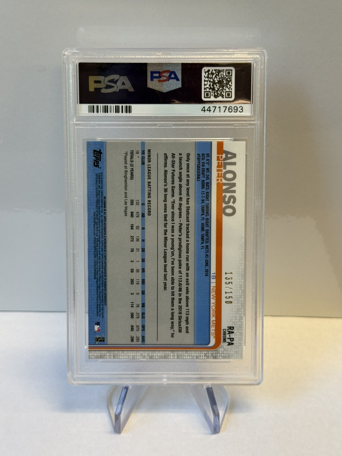 2019 Topps Chrome Pete Alonso Rookie Auto True Blue Ref. /150 PSA 10 METS view 2