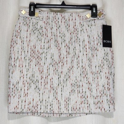 BCBG Women's Mini Pencil Skirt Tweed Back Zip Lined Beige Multicolor Size 0 NWT