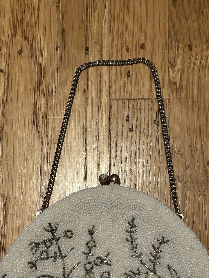 Винтажный 50-60-х белый бисером вечерняя сумка с металлический цветочный дизайн цепочка ремень - Изображение 4 из 4