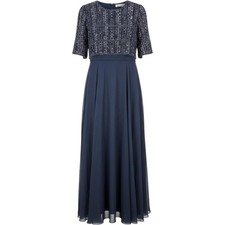 Mac Duggal Midnight Navy Beaded Bodice Chiffon Maxi Gown Dress Size 12 MOTB NEW