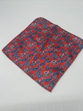 100 Silk Red Paisley Pocket Square Hand Made Blue White Pattern Mens Accessory