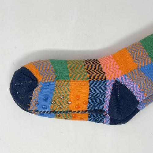 Ivory Ella Aurora Pink Blue Orange Plaid Sherpa Lined Knit Slipper Grip Socks - Picture 4 of 5