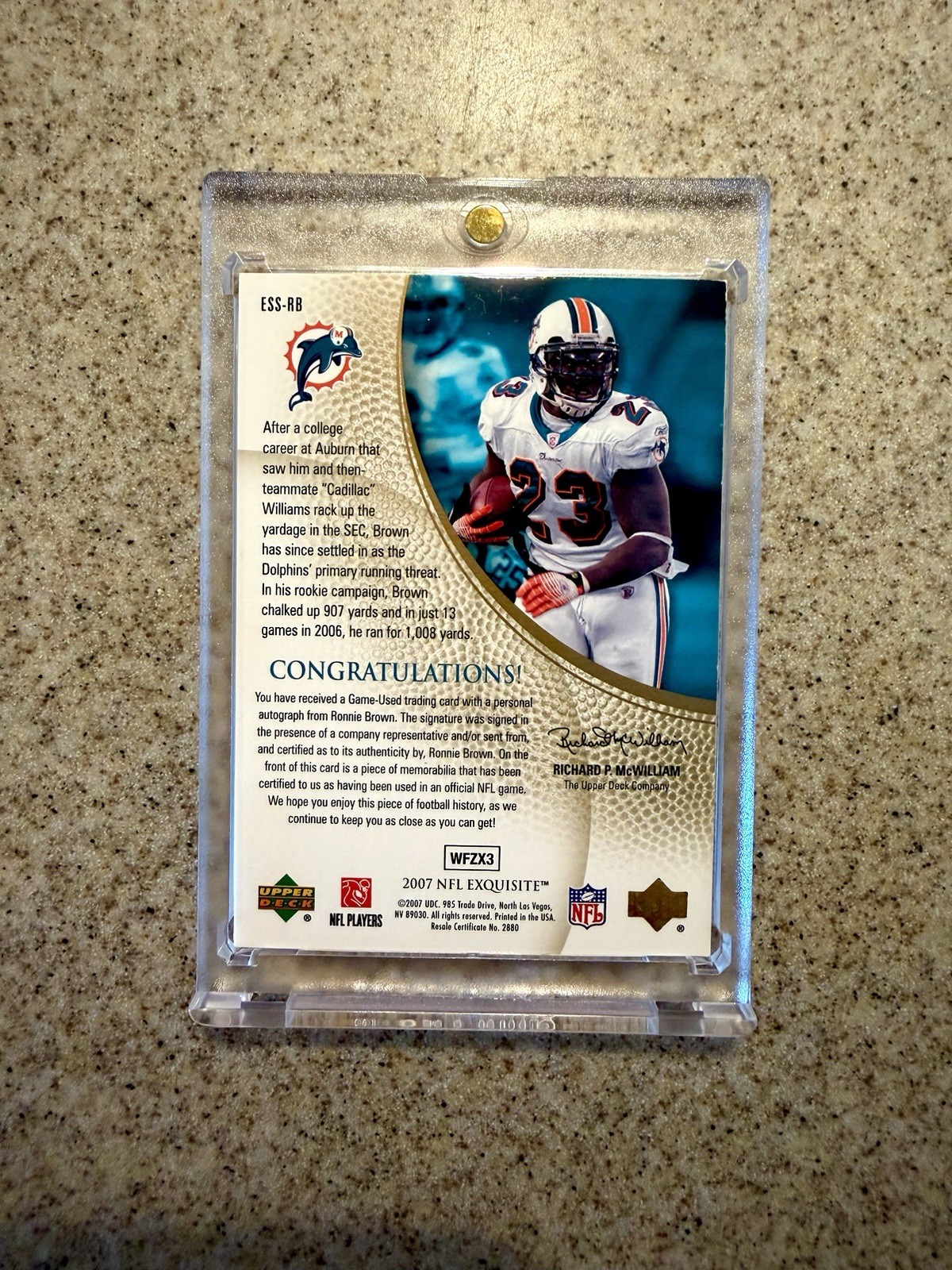 2007 Upper Deck Exquisite Ronnie Brown Game Used Patch Auto /25 Dolphins Gold view 2