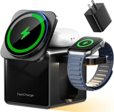 3 in 1 Charging Station for Apple, 15W Fast Magnetic Wireless Charger Station wi