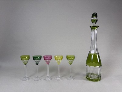 Green Decanter 5 Bohemian Cut To Clear Cordial Glasses