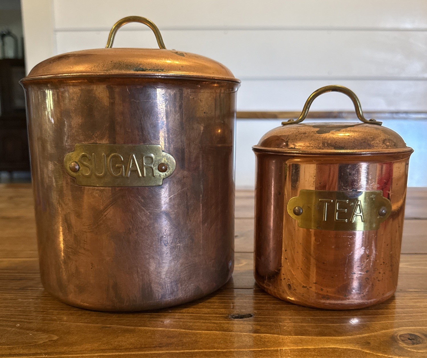 Vintage Copper / Brass Tea /Sugar  Canisters set pre-aged distressed cottagecore