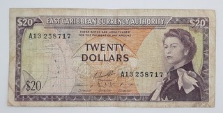1965 Eastern Caribbean Currency 20 Dollars Banknote No. A13 258717 P 15