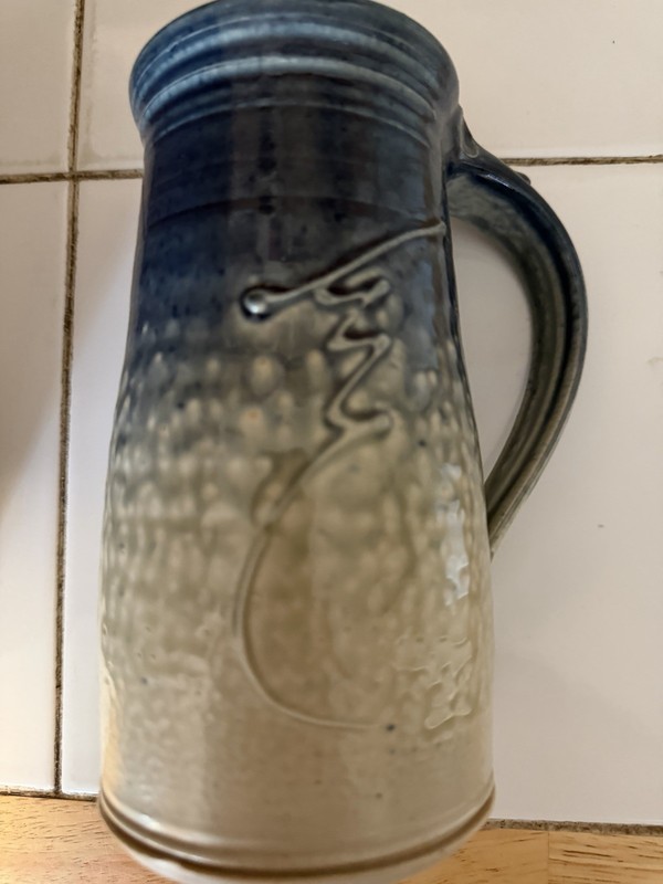 Lg Studio Pottery Stein Mug Mead? Honey Bee 7x4.5” Blue White Marked, Tankard
