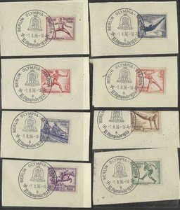 1936 Berlin Germany Olympic Souvenir Comp Set B82-B89  FD cancel on piece vf