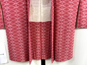 Vintage Japanese Haori Kimono Jacket Coral Pink Lattice Diamond Floral