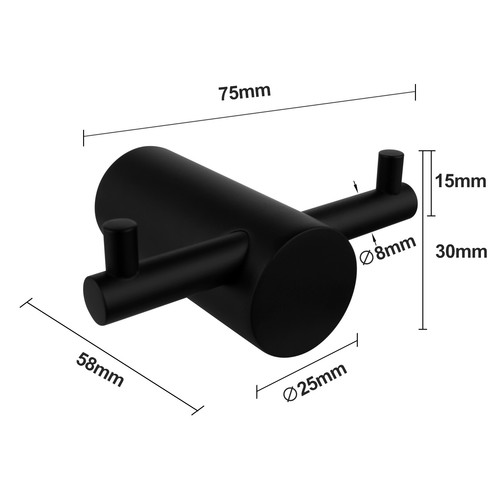 ACA Bath Black SUS304 Wall Double Towel Clothes Robe Hook Holder Hanger Round - Picture 2 of 11