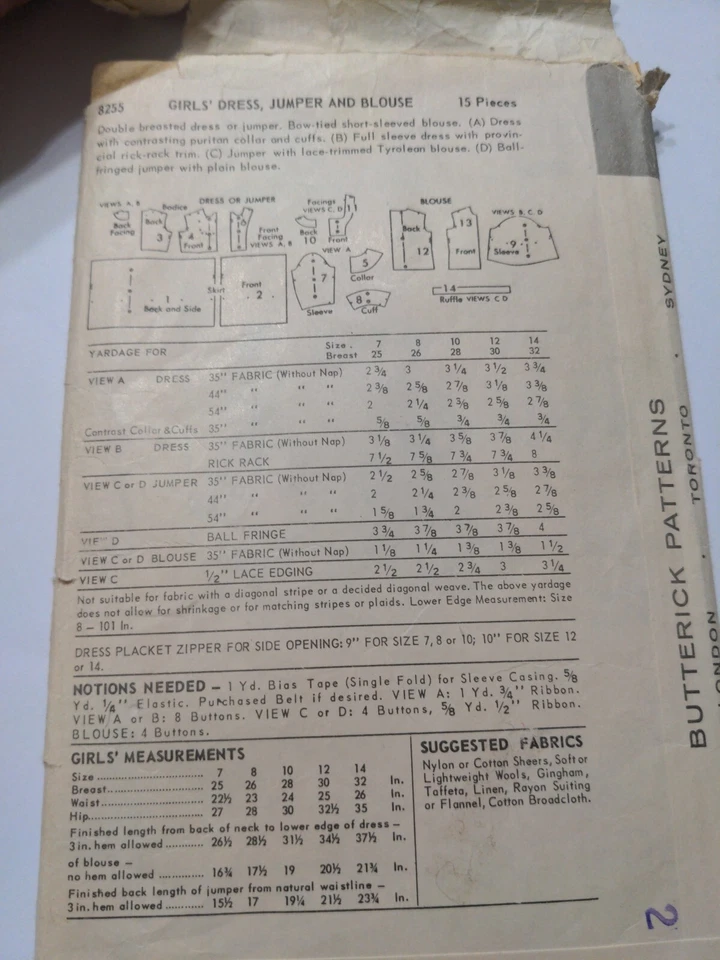 1950s Vintage Butterick 4 Dresses & Blouse Pattern 8255 Size 12 - Image 2 of 3