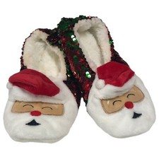 Womens Plush Green Red Flip Sequin Santa Christmas Holiday Slippers