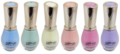Safran Pastell Nagellack Lack 6 Flaschen 10ml Packung Gelb Rosa Grün Blau Neu