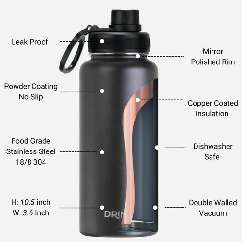Botella de agua de acero inoxidable con aislamiento de doble pared frasco deportivo 32 oz 22 oz - Imagen 66 de 97