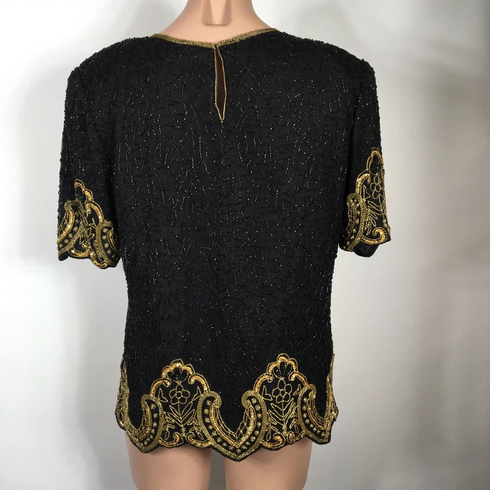 Laurence Kazar Black Gold Flapper Beaded Evening Formal Silk SEQUIN Gatsby VTG L - Image 2 of 4