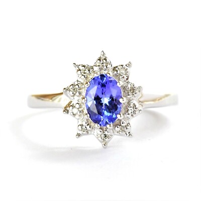 Natural Tanzanite and Genuine Diamond Ring 9K White Gold 3 Sizes O Q T GiftBoxed