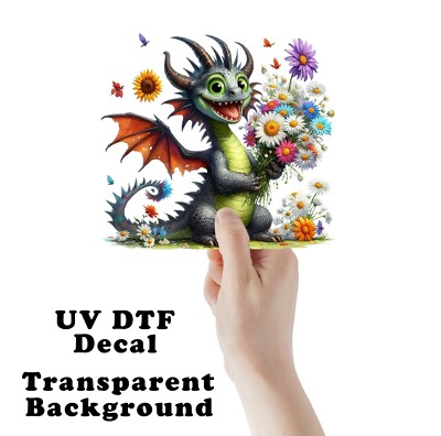 Dragon and Colorful Daisies UV DTF Transparent Sticker / Decal