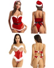 Women's Christmas Santa Claus Costume Cosplay Lingerie Teddy Bodysuit Sleepwear