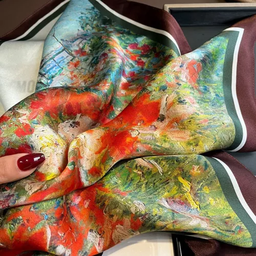 100% Silk Scarf Women Neckerchief Square Bandana Wrap Oil Paiting Flower 68*68cm - Picture 4 of 6
