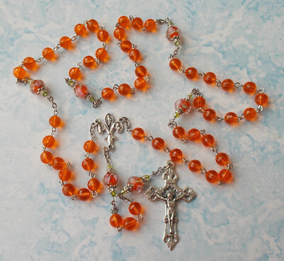 Fluer-de-Lis Orange Czech crystal rosary~lampwork beads~Italy~Handmade~