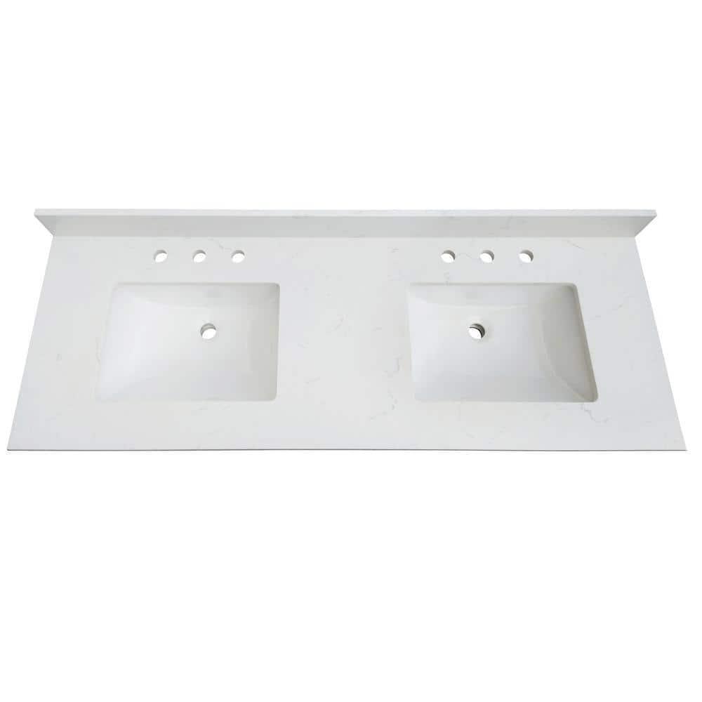 73 in. W x 22 in. D x 0.75 in. H Quartz Vanity Top in Snow White with White Basins 73 in. W x 22 in. D x 0.75 in. H Quartz Vanity Top in Snow White with White Basins