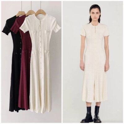 Women Short sleeve selvedge Hollow out long Knitted dress 