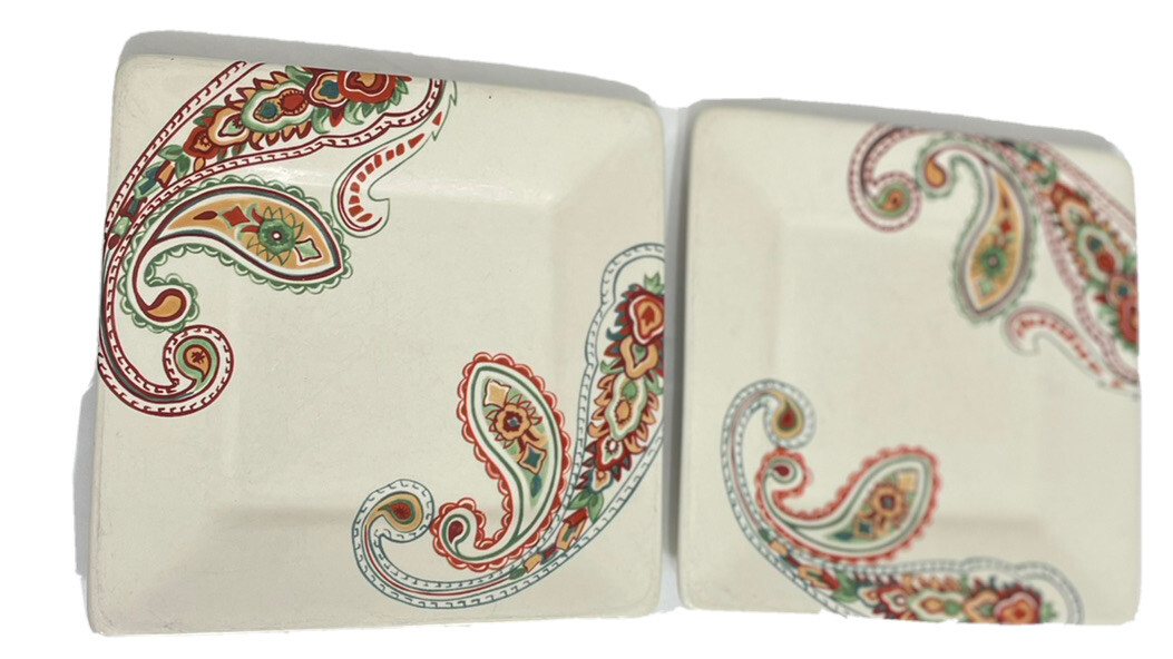Tabletops Gallery Multi Paisley Hand Painted Square Salad Plate 8x8 Set
