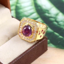 Natural Amethyst & Heated Ruby With 14K Gold Plated Silver Ring for Men's #317