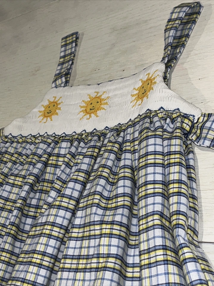 Silly Goose Hand Smocked Plaid Dress radiant Suns W/ Smiley Faces Size 6X - Image 3 of 4