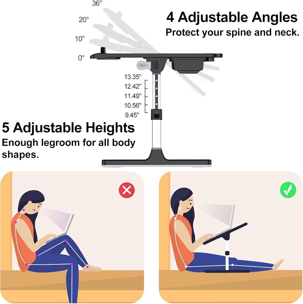 Adjustable Black Leather Laptop Bed Stand with Foldable Legs