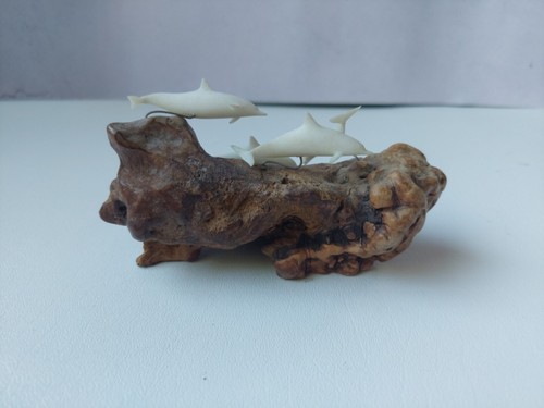 John Perry 4 White Dolphins On Burl Wood Sculpture 6" x 3" - Picture 3 of 10