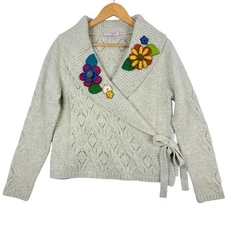 SPÜN Creme Floral Appliqué Wrap Sweater Cardigan Women’s M Lambswool Angora