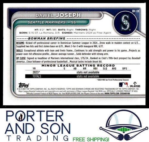 Dawel Joseph 2024 Bowman Draft Chrome Lunar Glow Refractor #BDC-170 Mariners - Picture 2 of 2