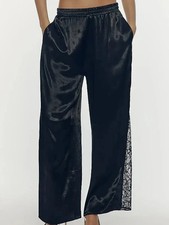 Anthropologie Lace Insert Wide-Leg Pull-On Satin Pants in Black nwt