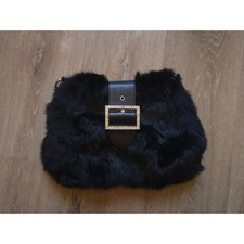 Aqua Madonna Black Rabbit Fur Clutch Roma Lea...