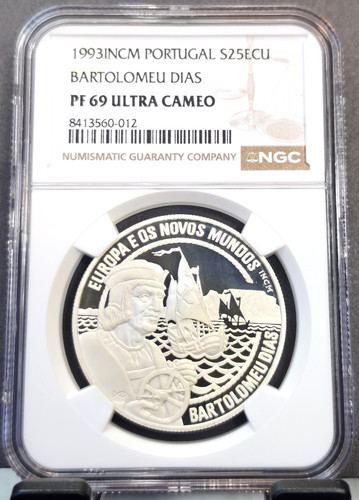 1993 PORTUGAL SILVER 25 ECU BARTOLOMEU DIAS NGC PF 69 ULTRA CAMEO RARE TOP POP