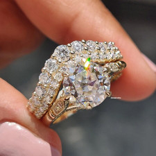 2Ct Round Cut Simulated Diamond Bridal Wedding Ring Set 14k Yellow Gold Plated