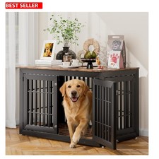 48" Heavy-Duty Dog Crate  Elegant End Table for Large Breeds, Black  Wood