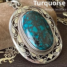Large 925 Stamped Turquoise Stone Natural Stone Silver Filigree Vintage Silver