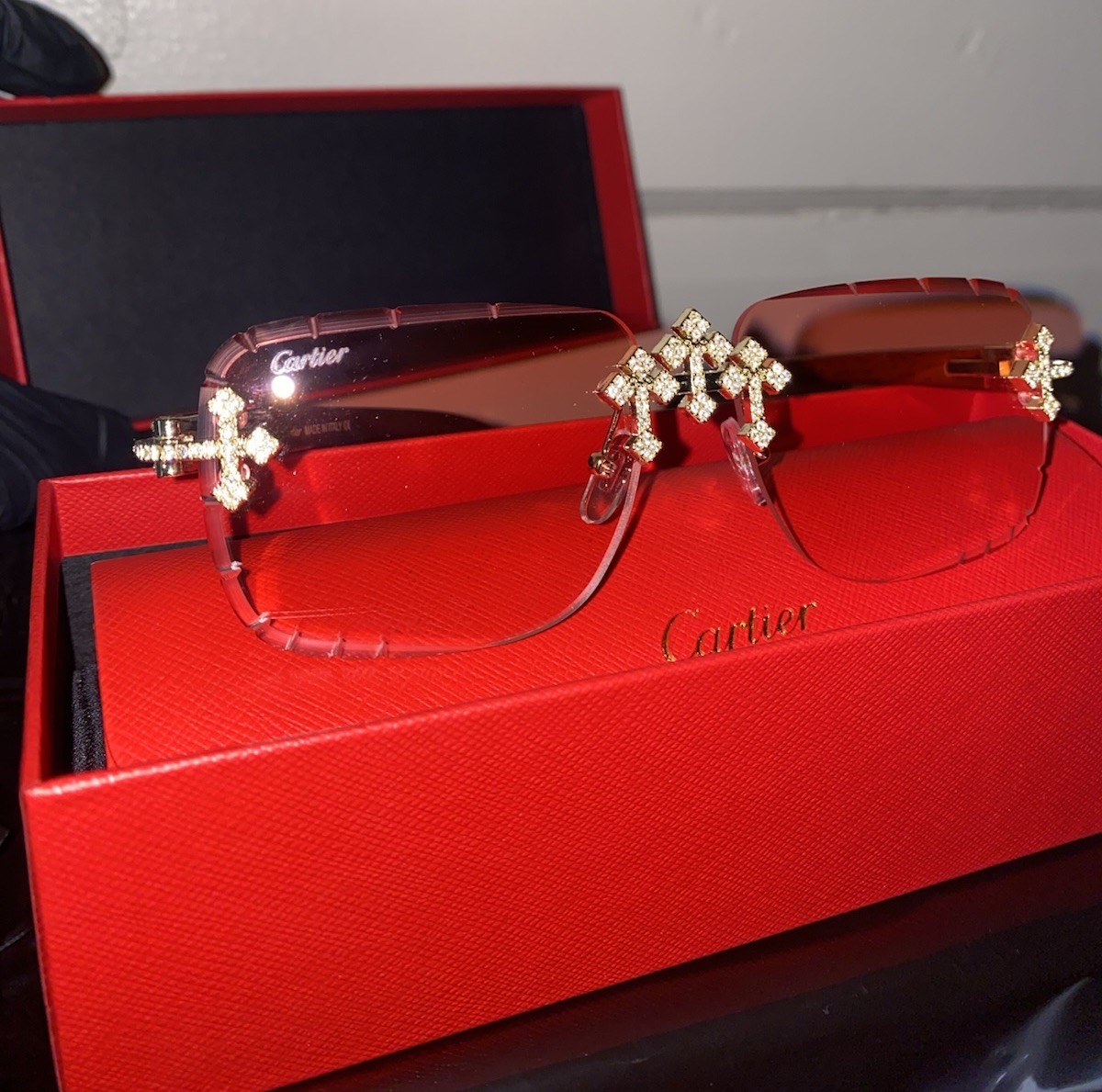 Iced Out Pink Tint Triple-Cross Cartier's | eBay