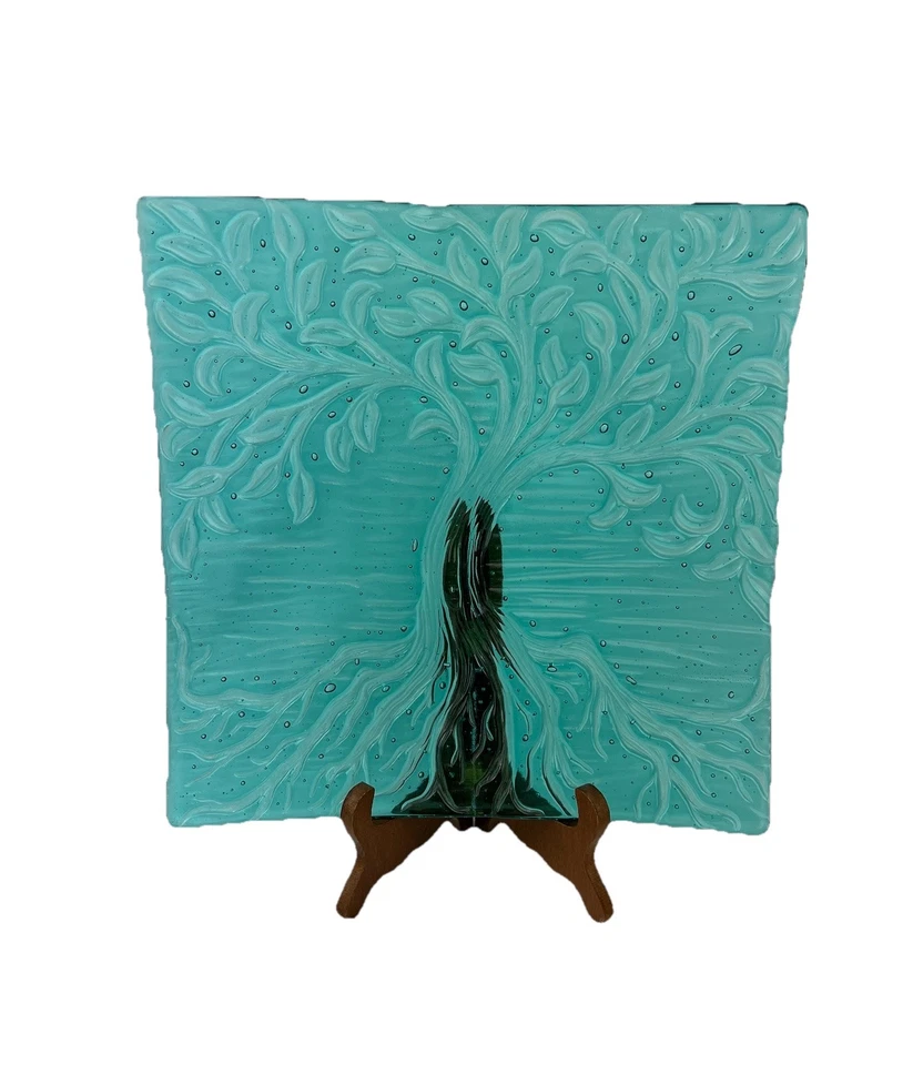 Árbol de la Vida Arte Vidrio 11x11 Placa en Relieve Azul Agua Bandeja Transparente Art Deco Foto 3 de 4