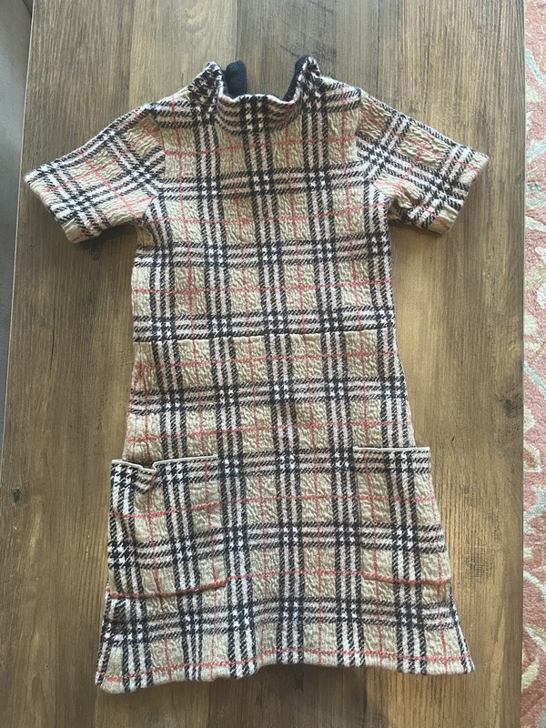 Burberry Check Wool Knit Shift Dress; Mock Neck Zip; Short Sleeve; Girls Size 4