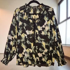 Simply Vera Wang Blouse Black / Green Floral Lightweight Sheer Women's L