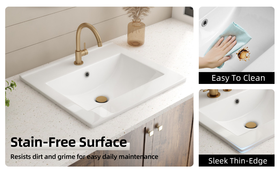 20"x18" White Drop-In Bathroom Sink Ceramic Rectangular with Single Faucet Hole