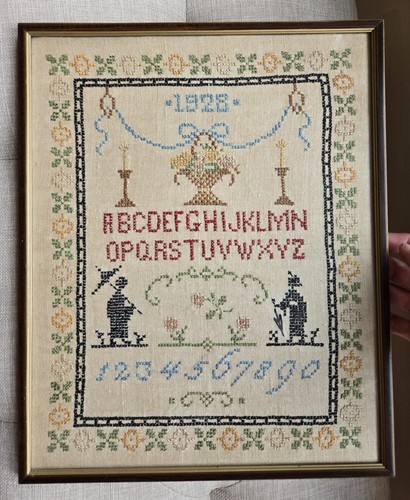 Antique Cross Stitch Sewing Sampler Dated 1928 Framed