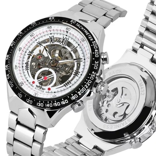WINNER Men's Automatic Mechanical Skeleton Watch Stainless Steel Wristband