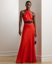 Ralph Lauren Belted Floral Jacquard Halter Gown Red Size 8 (MISSING BELT) 2922
