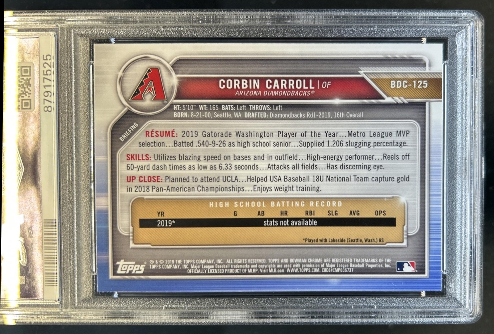 2019 Bowman Draft Sapphire Corbin Carroll 1st Prospect Refractor #BDC-125 PSA 10 view 2